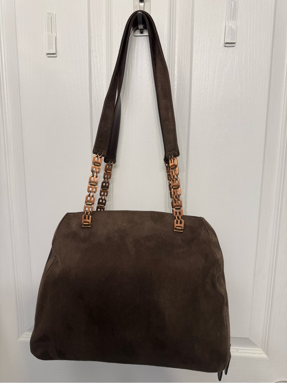 Bally brown suede shoulder bag with pink gold coloured metal strap